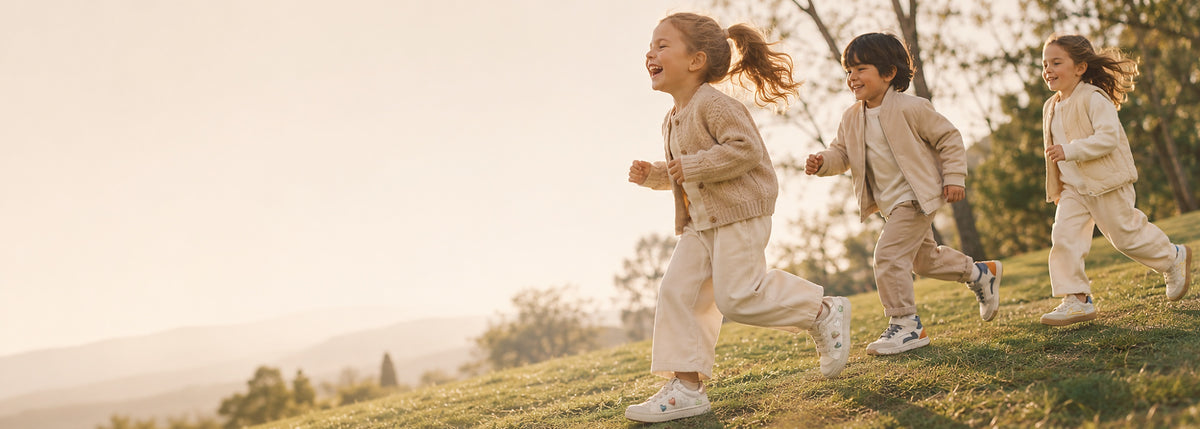 Niños explorando con calzado barefoot y moda infantil DushiMoon
